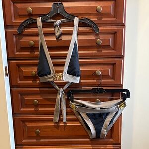 Trina Turk Black and Tan Bikini Set w/ hammered gold detail